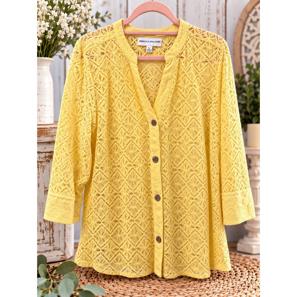 Rebecca Malone Yellow Geometric Lace Button Front Blouse 3/4 Sleeve Large